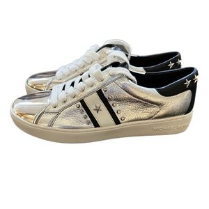 Michael Kors Franke Stripe Sneakers in Metallic Silver Leather with Black - 6.5